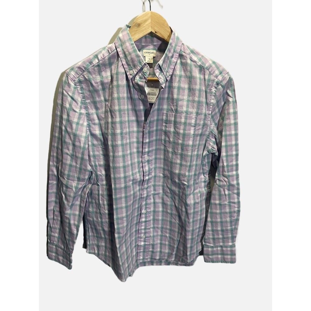Crewcuts‎ Plaid Button Down Kids 14 Purple Green Gingham Cotton Preppy B0043